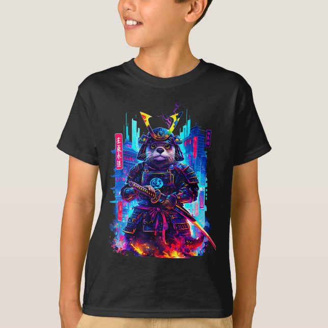 Camiseta Otter Katana Cyberpunk Neon Samurai Japanese Art  (Frente)