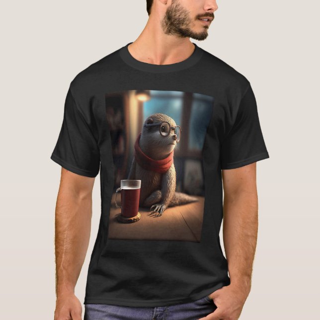Camiseta Otter  Nerd Otter Drinking Coffee  1 (Frente)