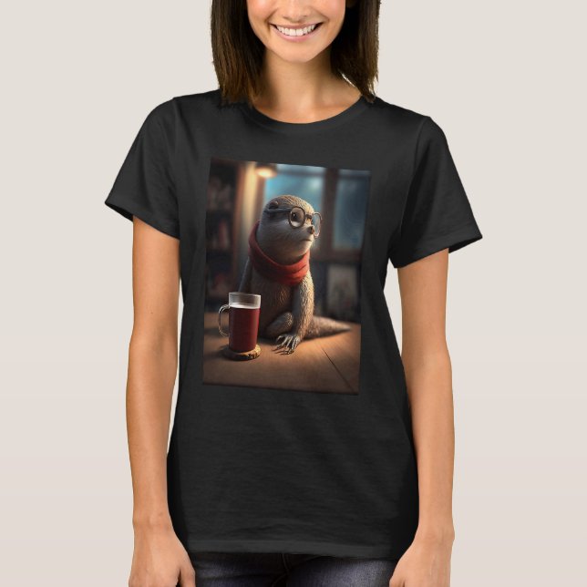 Camiseta Otter  Nerd Otter Drinking Coffee  1 (Frente)