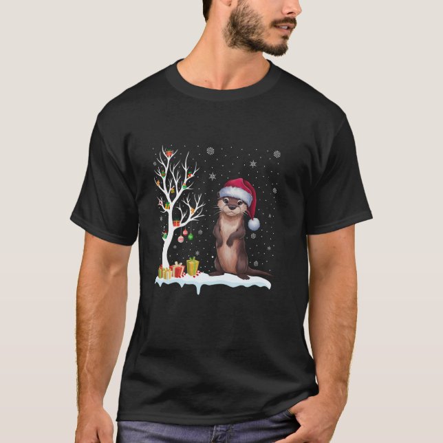 Camiseta Otter Santa Hat Árvore Festiva Luz Natal Pajam (Frente)