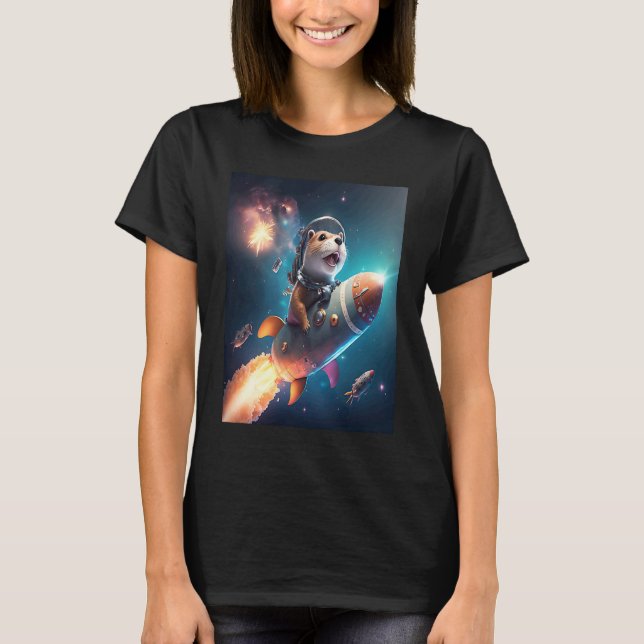 Camiseta Otter Space Puns Space Otter Riding A Rocket (Frente)