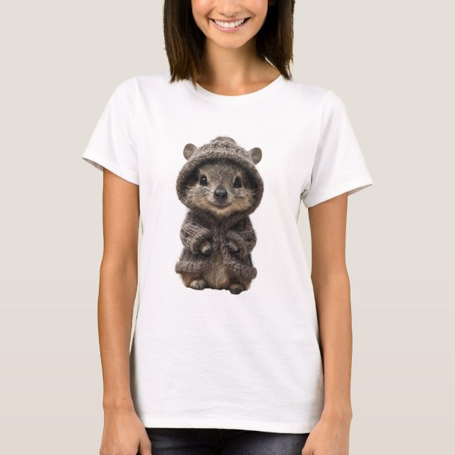 Camiseta ouriço adorável em capuz de malha marrom (Frente)