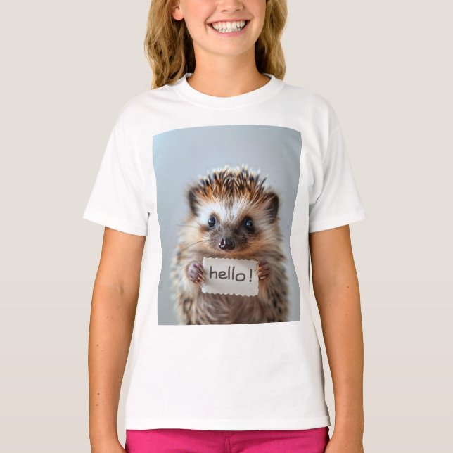 Camiseta ouriço Adorável Segurando Placa "Olá!" (Frente)