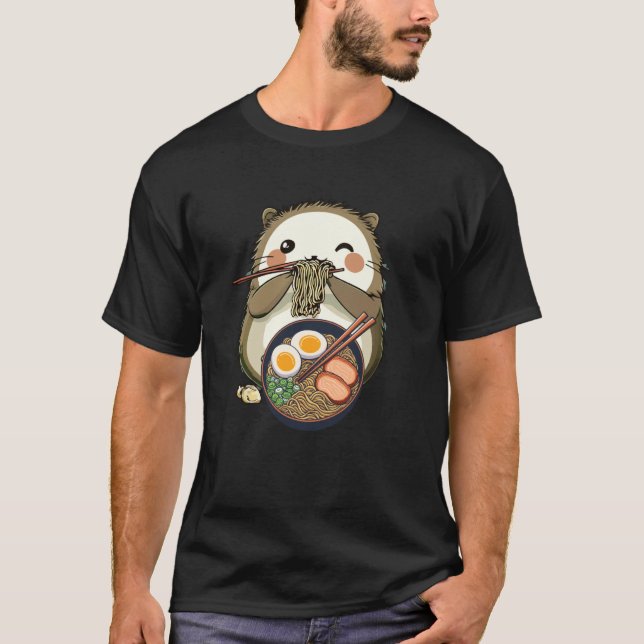 Camiseta ouriço fofo come Ramen (Frente)