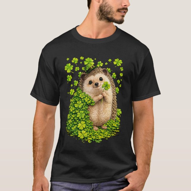 Camiseta ouriço sortudo com trevos de shamrocks St Patricks (Frente)