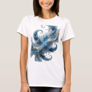 Camiseta Ouro Artístico PENAS AZUIS E BRILHO DOURADO