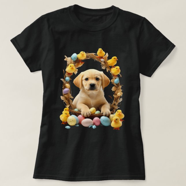 Camiseta Ouro bonito Labrador Cachorro e Pintinhos Cachorro (Frente do Design)
