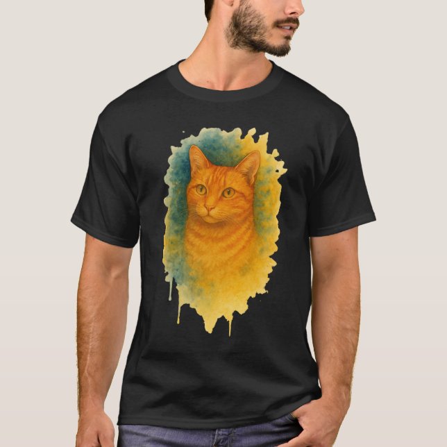Camiseta Ouro Brilho: Gato de Aquarela (Frente)