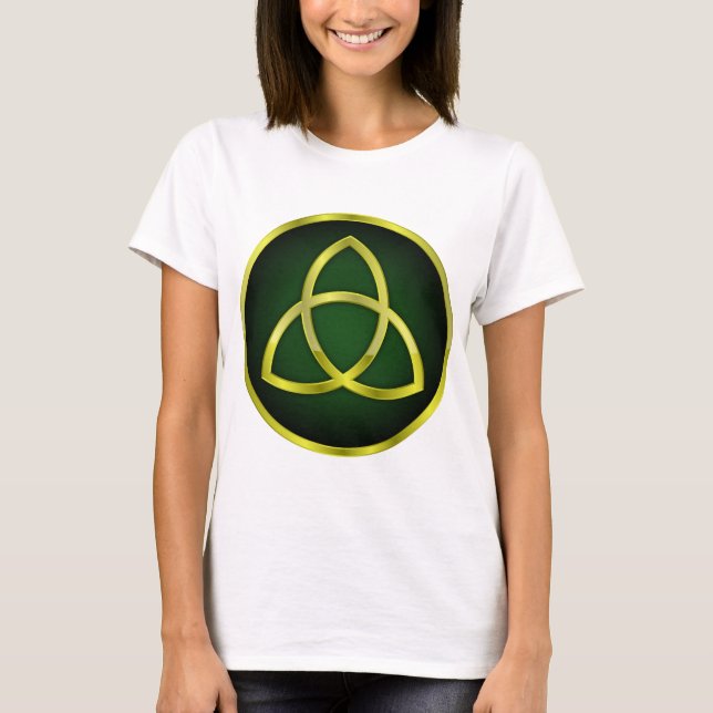 Camiseta ouro e triquetra verde (Frente)