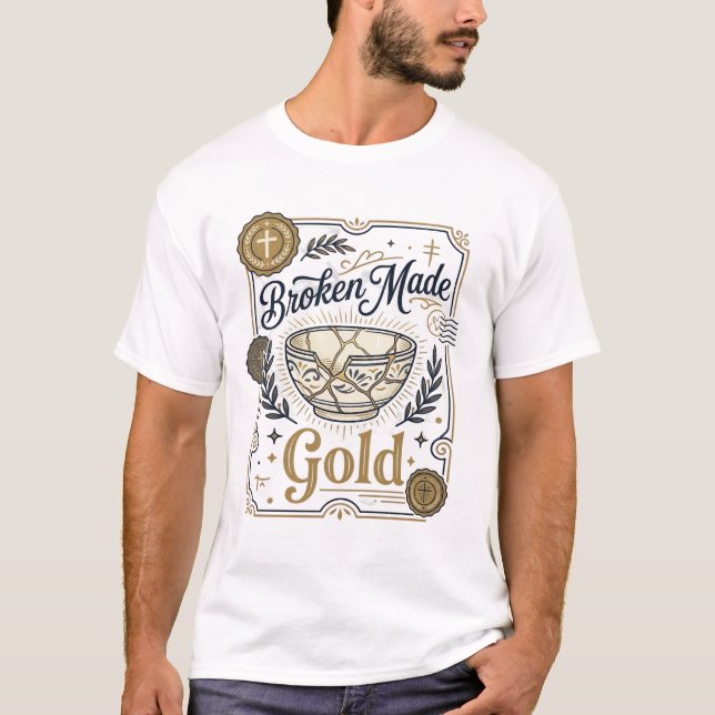Camiseta Ouro Feito Quebrado Jesus Kintsugi Louça Quebrada  (Frente)