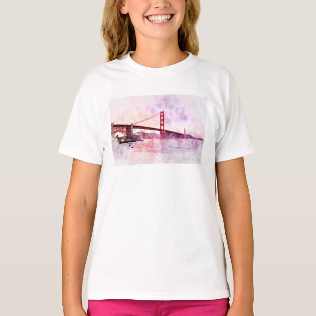 Camiseta Ouro Gate Bridge aquarela em São Francisco (Frente)