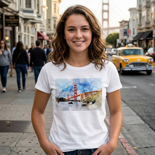 Camiseta Ouro Gate Bridge aquarela em São Francisco