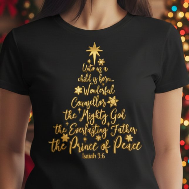 Camiseta Ouro "Para Nós Uma Criança É Nascer" Árvore de Nat (Golden “Unto Us A Child Is Born” shirt — faith, scripture & Christmas joy in one design!)