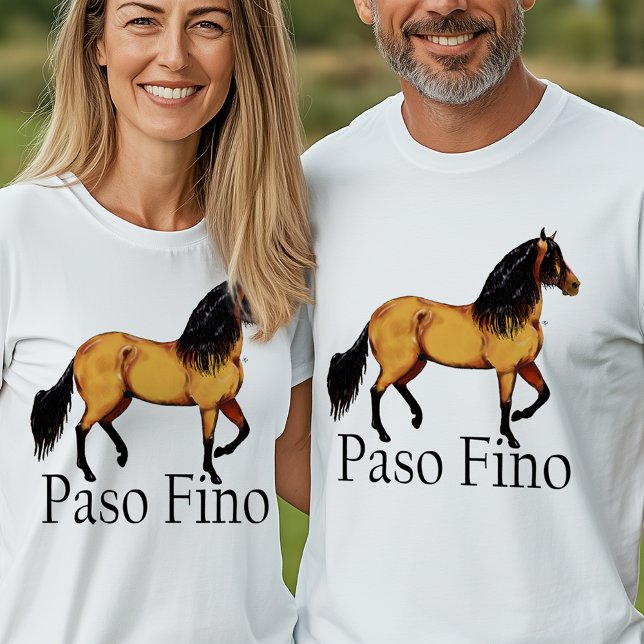 Camiseta Ouro Paso Fino Horse Ilustração Equestre (White t-shirt with golden Paso Fino horse illustration and bold black text “Paso Fino,”)