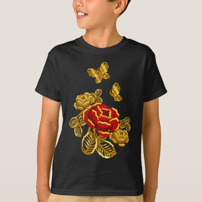Camiseta Ouro Red Butterfly Flower Plant Florist Gift (Frente)