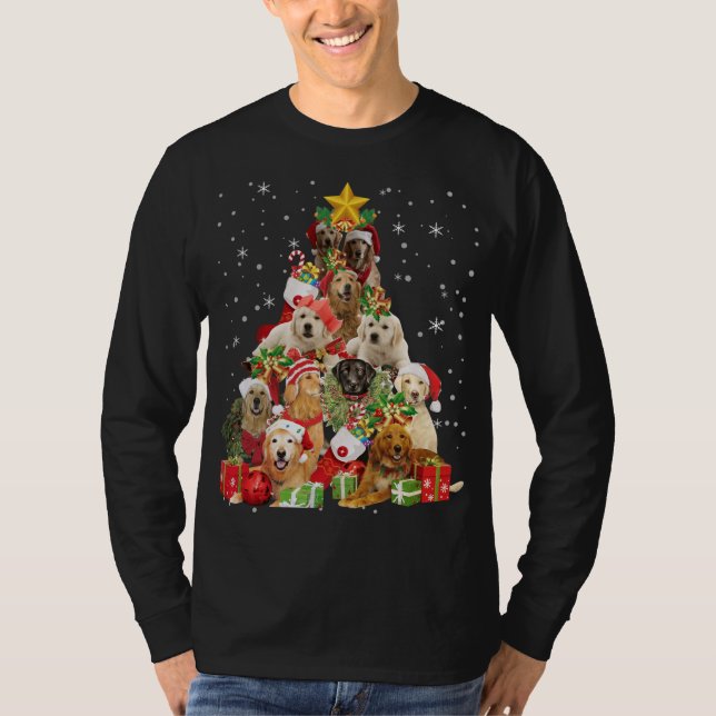 Camiseta Ouro Retriever Árvore de Natal Luz Engraçada Cacho (Frente)