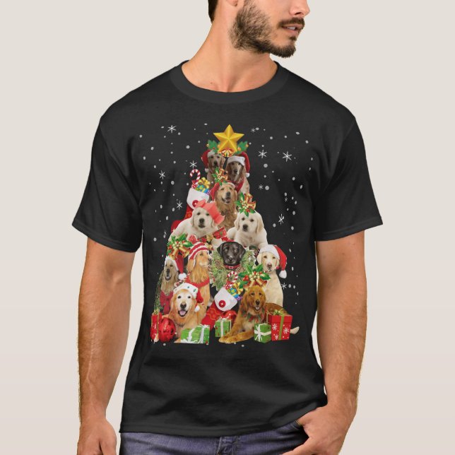Camiseta Ouro Retriever Árvore de Natal Luz Engraçada Cacho (Frente)