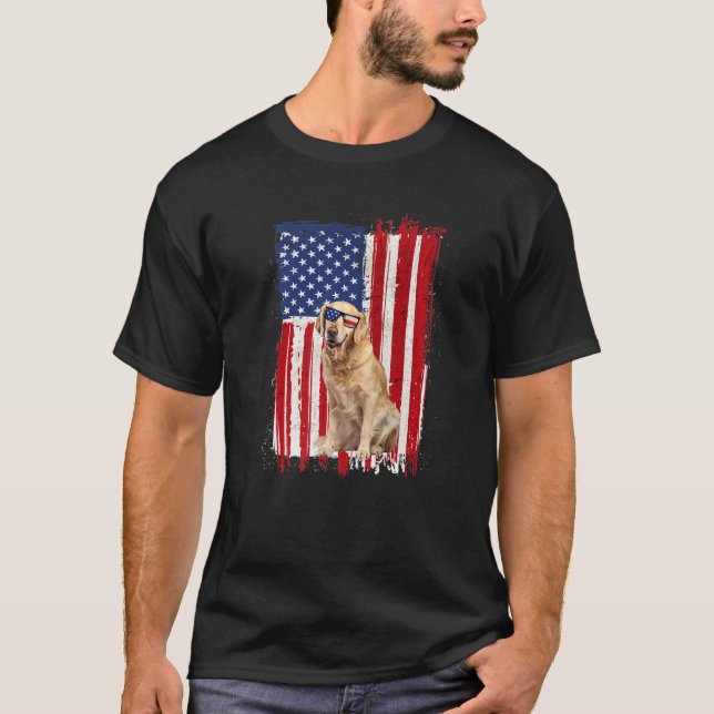 Camiseta Ouro Retriever Cachorro Americano Bandeira Patriót (Frente)