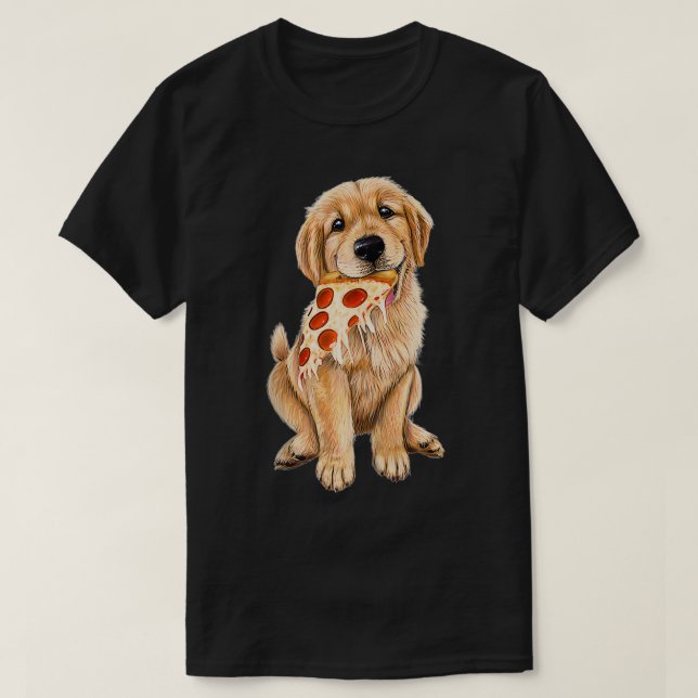 Camiseta Ouro Retriever comendo pizzaria com uma fatia (Frente do Design)