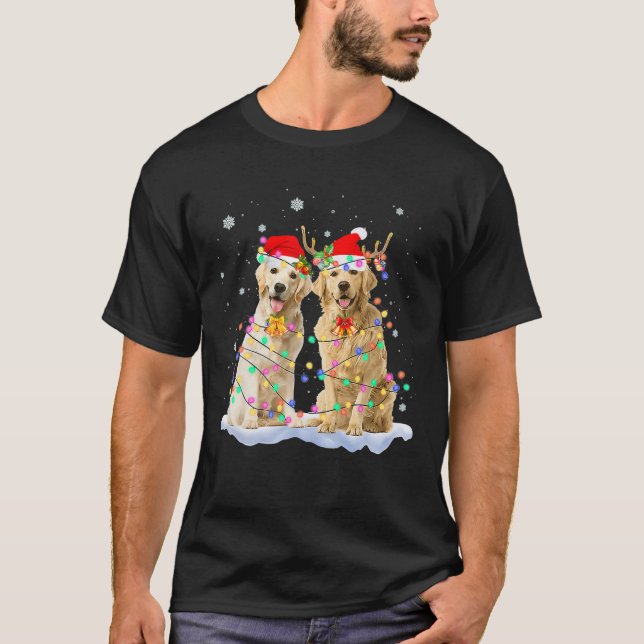 Camiseta Ouro Retriever Natal Santa Hat Reindeer Ligh (Frente)