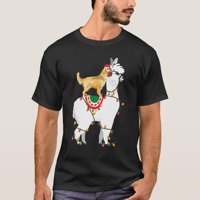 Camiseta Ouro Retriever Riding Llama Luzes Papai noel Crist (Frente)