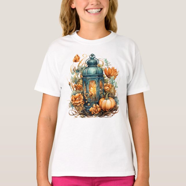 Camiseta Outono Ação de Graças Pumpkin Lanterna Harvest (Frente)
