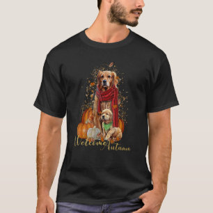 Camiseta Outono com Golden Retriever e Cachorrinho