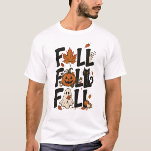 Camiseta Outono Halloween Gato Preto Abóbora Fantasma