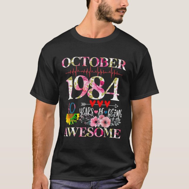 Camiseta Outubro De 1984 aniversário de 40 anos Floral 40 A (Frente)