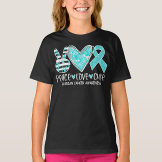 Camiseta Ovarian Cancer Awareness Teal Ribbon Heart Peace L
