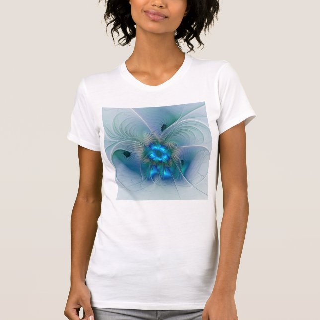 Camiseta Ovinas de Pé, Fractal Turquesa Azul Abstrato (Frente)