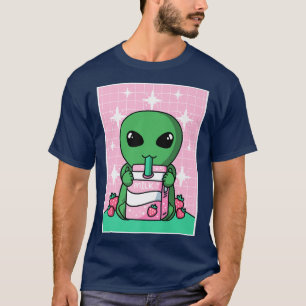 Camiseta OVNI Alienígena Morango Leite Agitar Cartonagem Ja