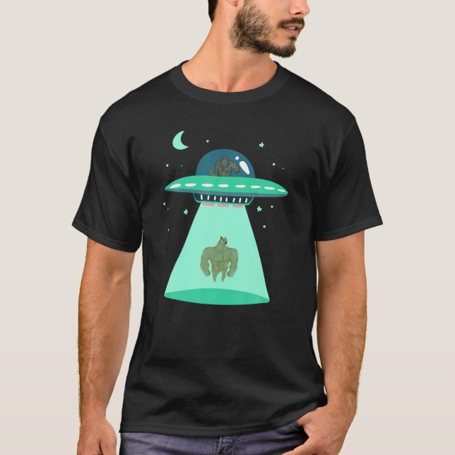 Camiseta OVNI Bigfoot Dogecoin Alienígena Abdução Funny Dog (Frente)