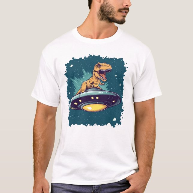 Camiseta OVNI de equitação T-Rex (Frente)