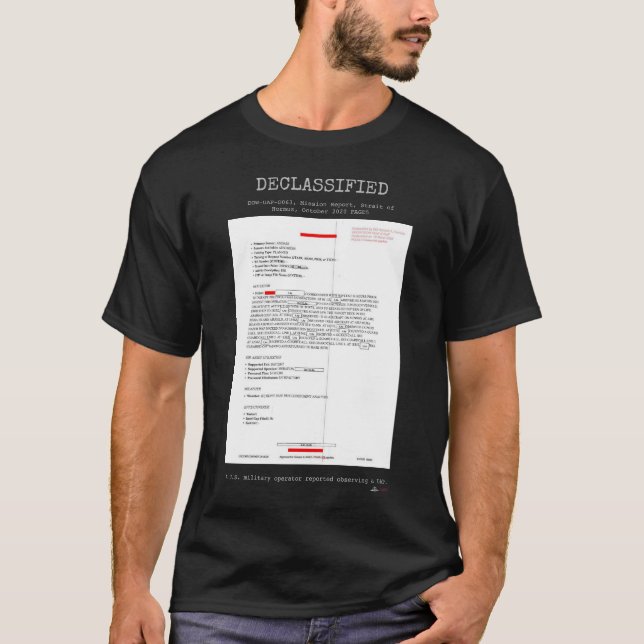 Camiseta OVNI - Desclassificado DOW-UAP-D063,M.R,ESTREITODE (Frente)