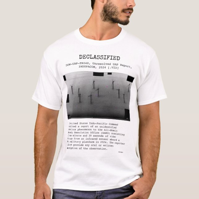 Camiseta OVNI - Desclassificado DOW-UAP-PR048, INDOCOM, 202 (Frente)