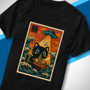 Camiseta OVNI Retro Japonês Ukiyo-e Gato Fofo Comendo Ramen