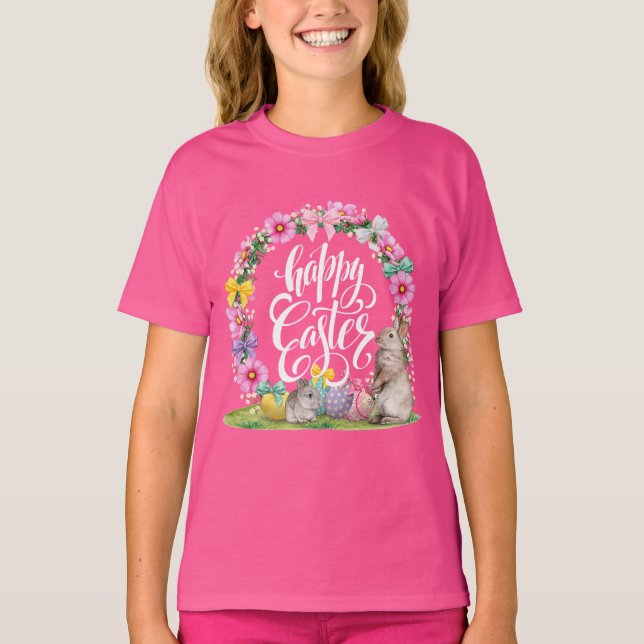 Camiseta Ovo De Coelho Da Páscoa Rosa-Floral De felz pascoa (Frente)