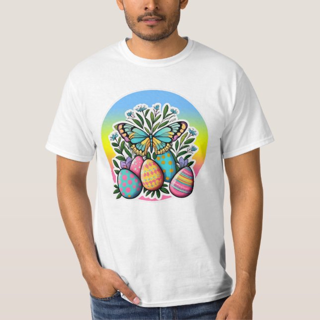 Camiseta Ovos de Páscoa, Borboletas e Flores de primavera (Frente)