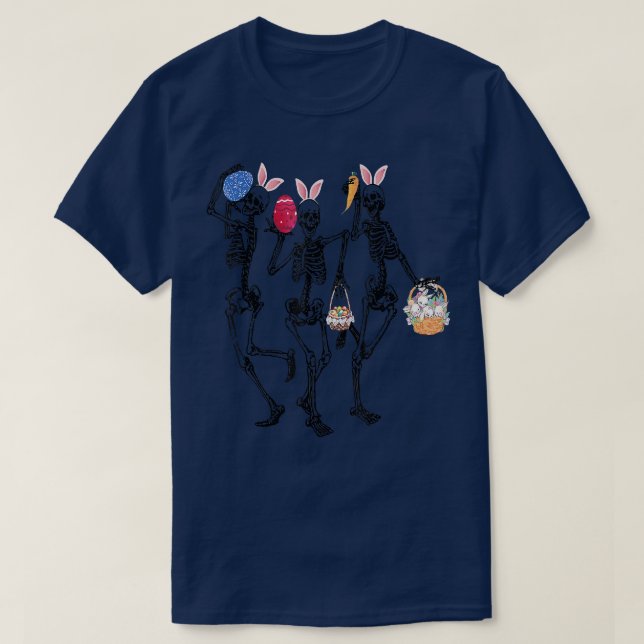 Camiseta Ovos Dia da Páscoa Esqueletos dançando coelhinho (Frente do Design)