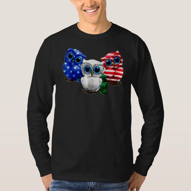 Camiseta Owl American Flag 4 De Julho Owl (Frente)