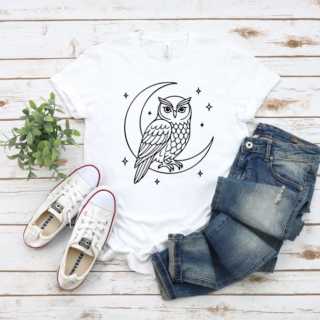 Camiseta  Owl on Crescent Moon with Stars Line Art (Criador carregado)