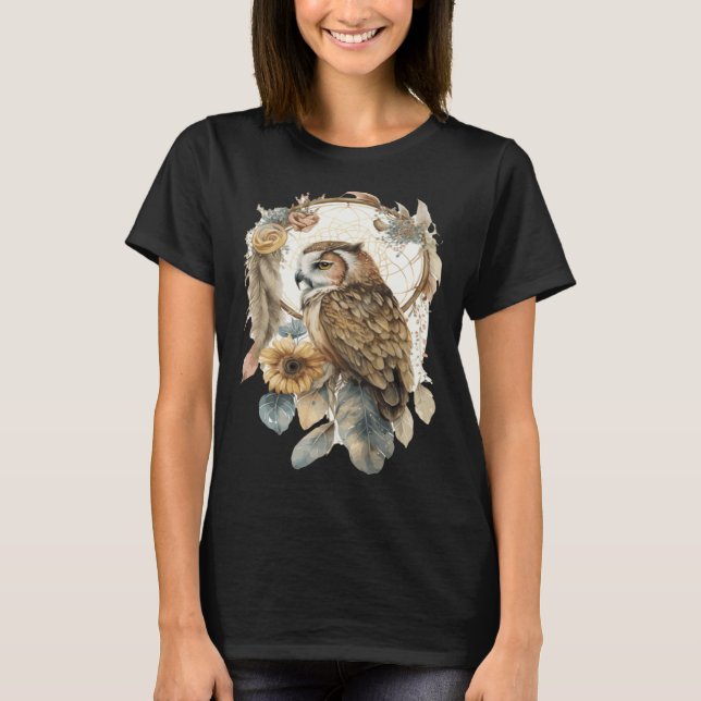 Camiseta Owl Tribal Watercolor Owl Dream Catcher  2 (Frente)