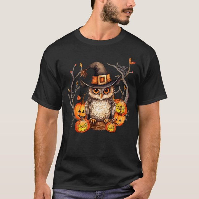 Camiseta Owl Witch Hat Pumpkin Spooky Halloween Kids Men Wo (Frente)