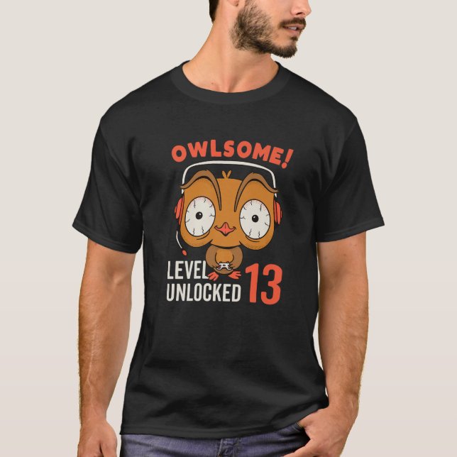 Camiseta Owlsome Owl Gaming Level 13 Unlocked 13Th Birthday (Frente)