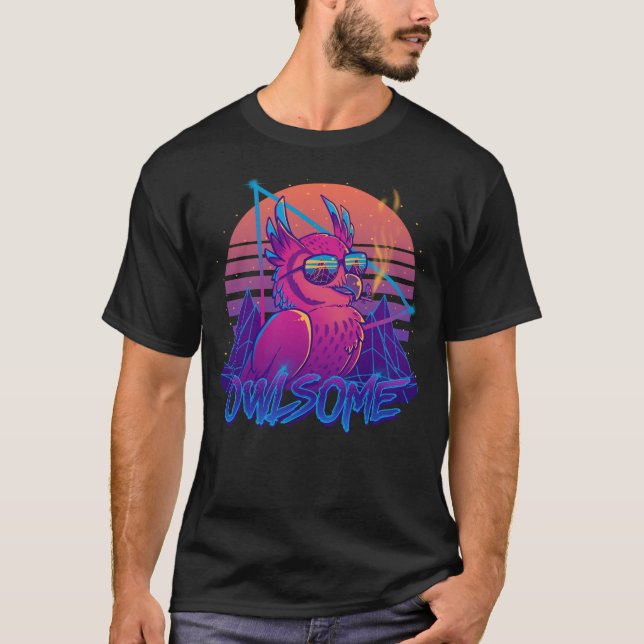 Camiseta Owlsome - pássaro impressionante Retrowave 80s da (Frente)
