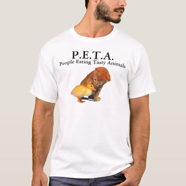 Camiseta P.E.T.A. Pessoas que comem animais saborosos (Frente)