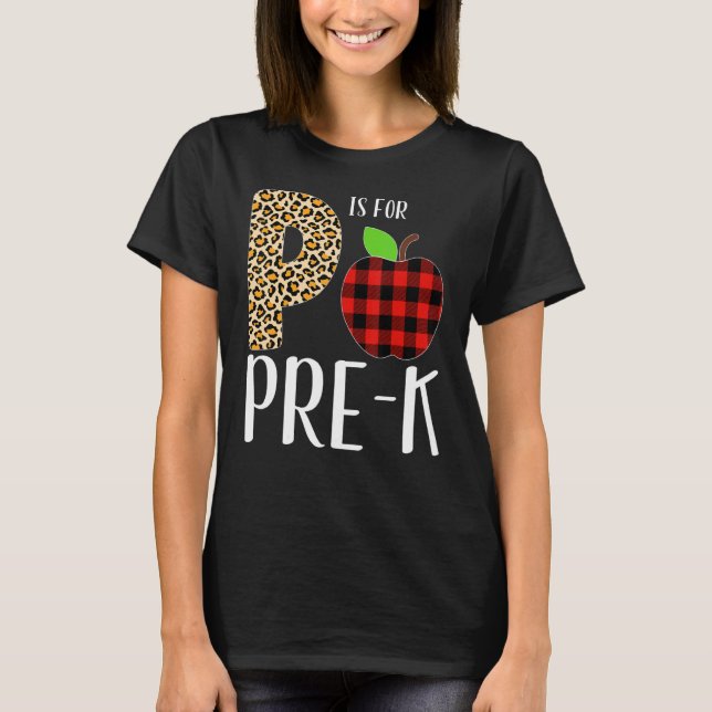 Camiseta P Is For Pre K Teacher Leopard Buffalo Plaid Kids  (Frente)
