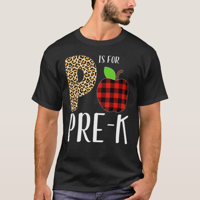 Camiseta P Is For Pre K Teacher Leopard Buffalo Plaid Kids  (Frente)