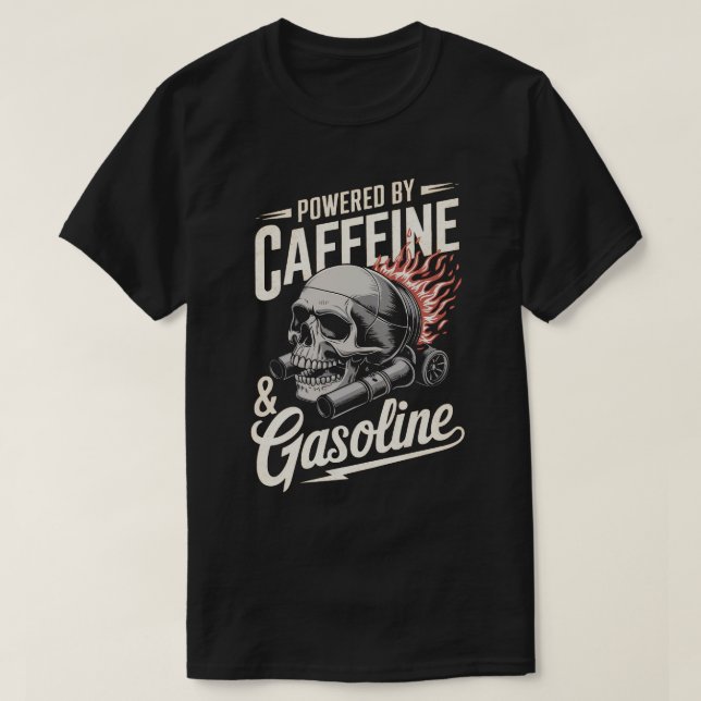 Camiseta PA45 Powered by Caffeine and Gasoline Auto (Frente do Design)